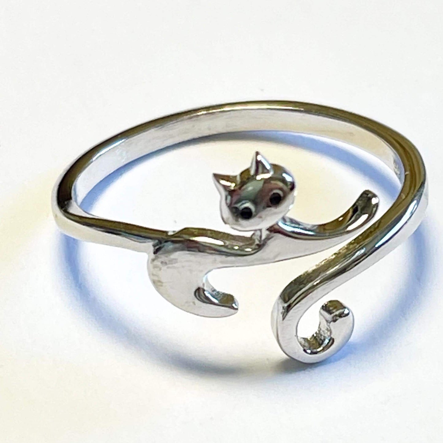 Bewitched Cat Sterling Silver Crochet Ring. Lovely delicate cat ring in cuff style. Adjustable size for crochet tension and comfort.
