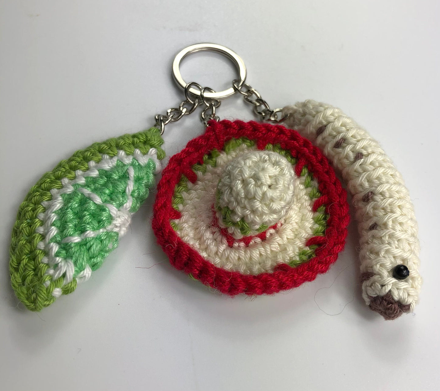 Tequila inspired keyring! Sombrero, Lime and a Happy Tequila Worm! Full kit with luxury British yarns.