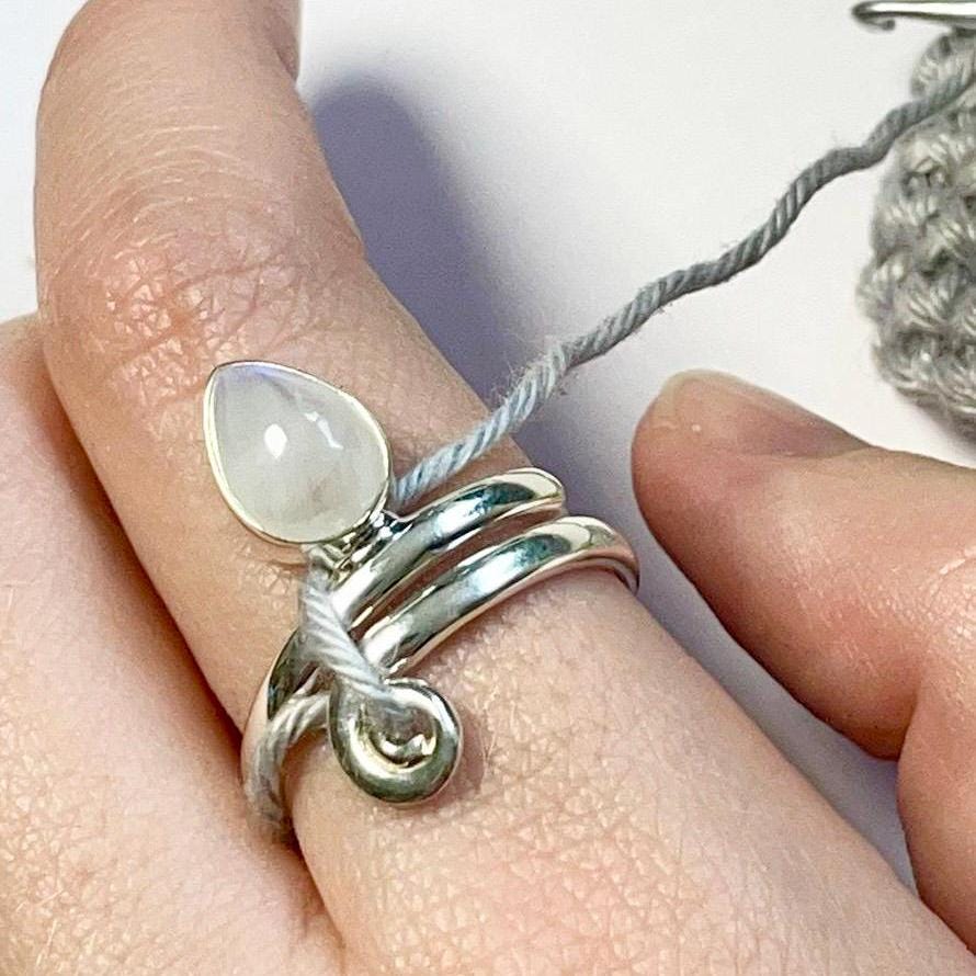 Handmade Teardrop Moonstone Sterling Silver Crochet Ring. Adjustable for crochet tension and comfort. Handmade for Nautilus Crochet.