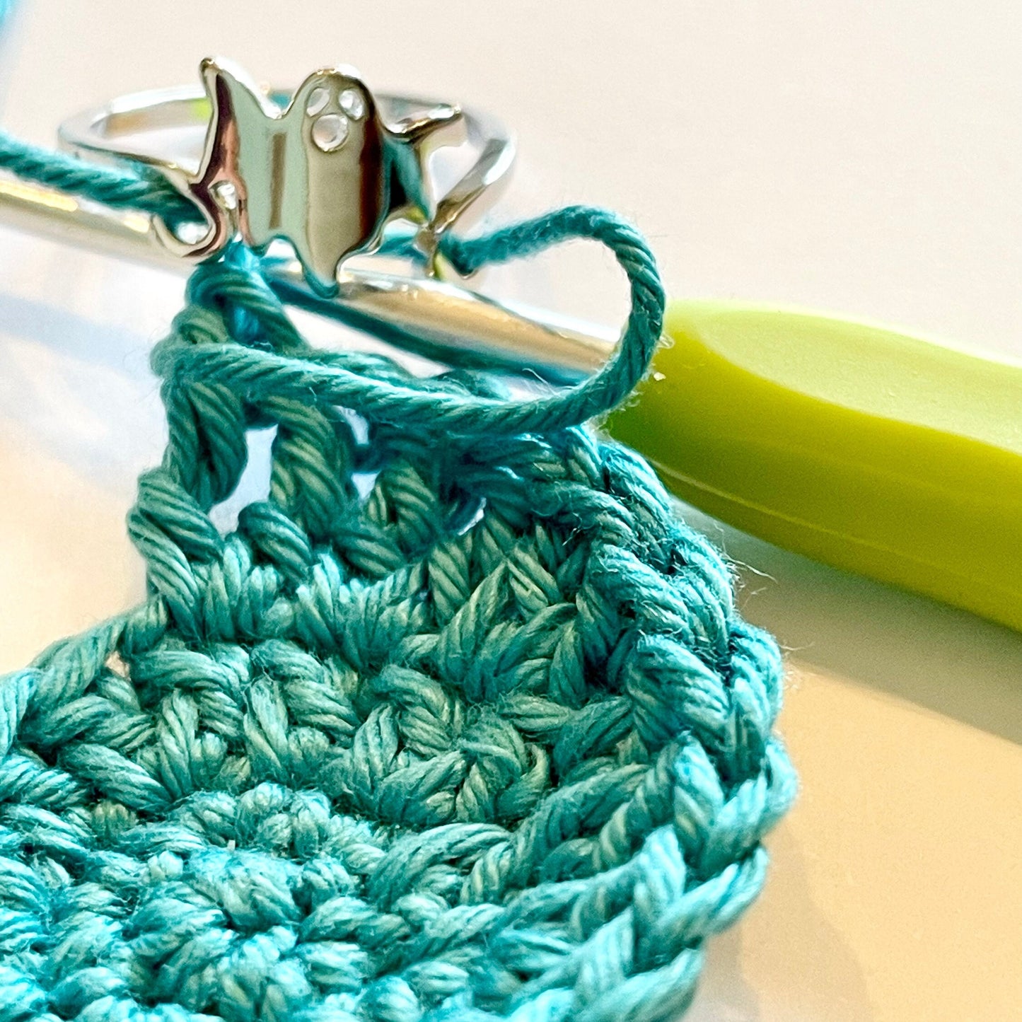 Tiny floating Ghost Silver Plated Crochet Ring. Adjustable size for crochet tension and comfort.