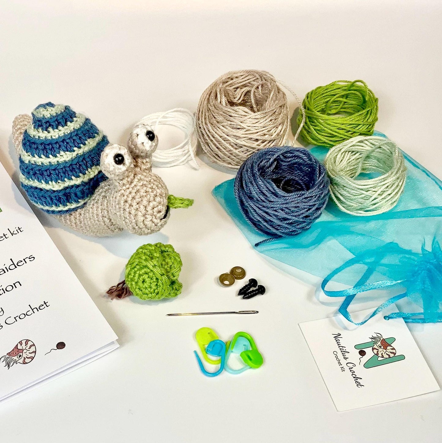 Snail’s Salad! Snail & Salad Complete Crochet Kit. Luxury British yarns, step by step instructions, cute snail stitch marker.