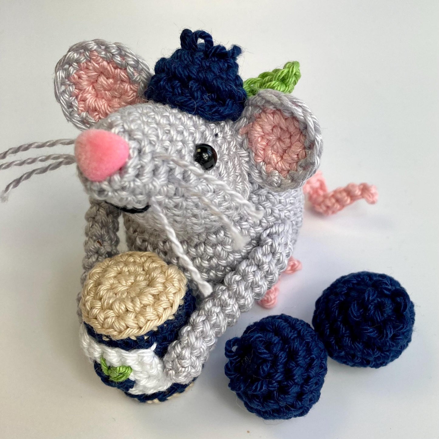 Bill, the Blueberry Mouse! Complete Amigurumi Crochet Kit with luxury natural yarn for beginners up. Featuring luxury British yarns.