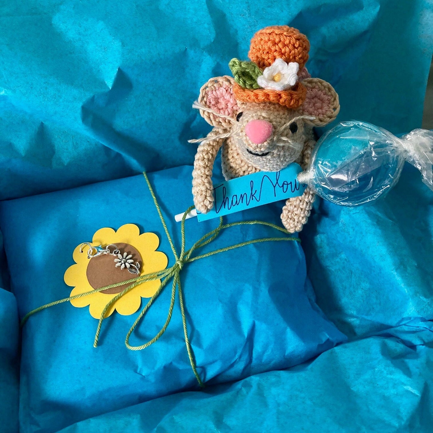 Sunflower Amigurumi Keyring / Bag Charm Kit. A complete kit including luxury natural yarns, silver plated stitch marker & accessories.