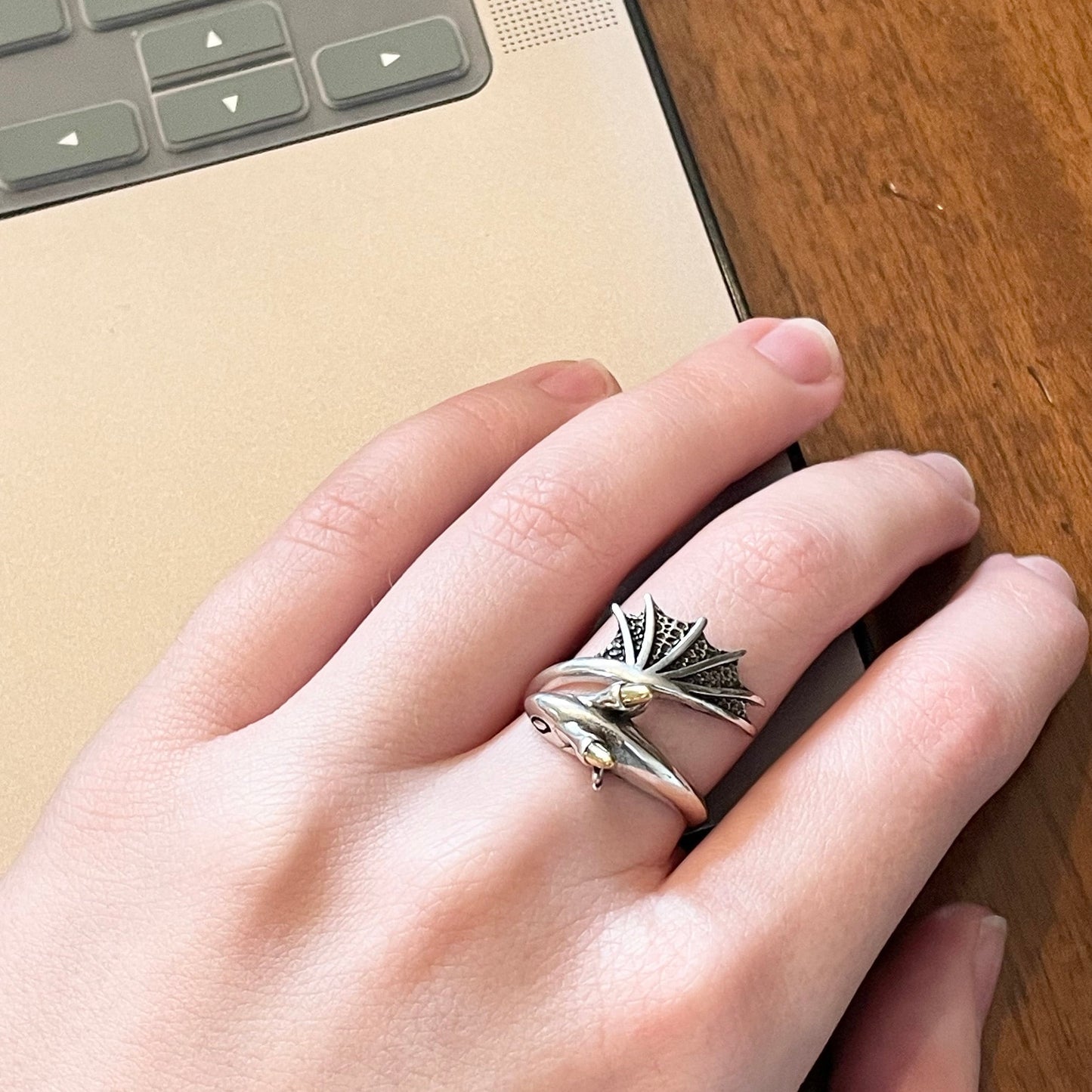 Dragon Crochet Ring in Sterling Silver. The cutest little dragon features in this silver, adjustable ring for crochet tension and comfort.