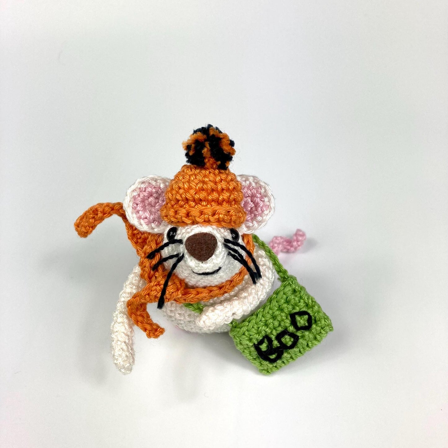 Halloween Trick or Treat Mouse Crochet Kit. Meet 'Boo'! Complete Kit with luxury natural yarns, cute pumpkin stitch marker, accessories.
