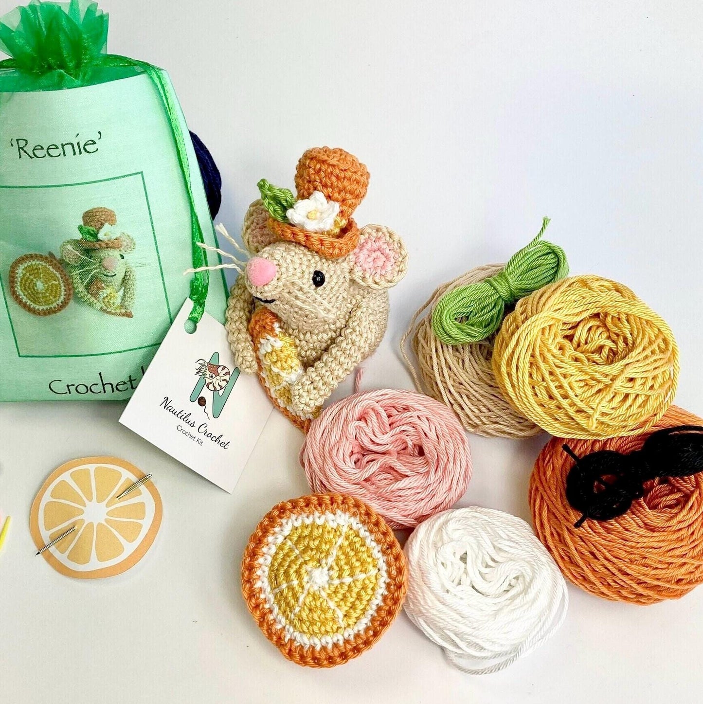 Reenie, the Tangerine Mouse! Complete Amigurumi Crochet Kit for beginners up. Featuring luxury British yarns.