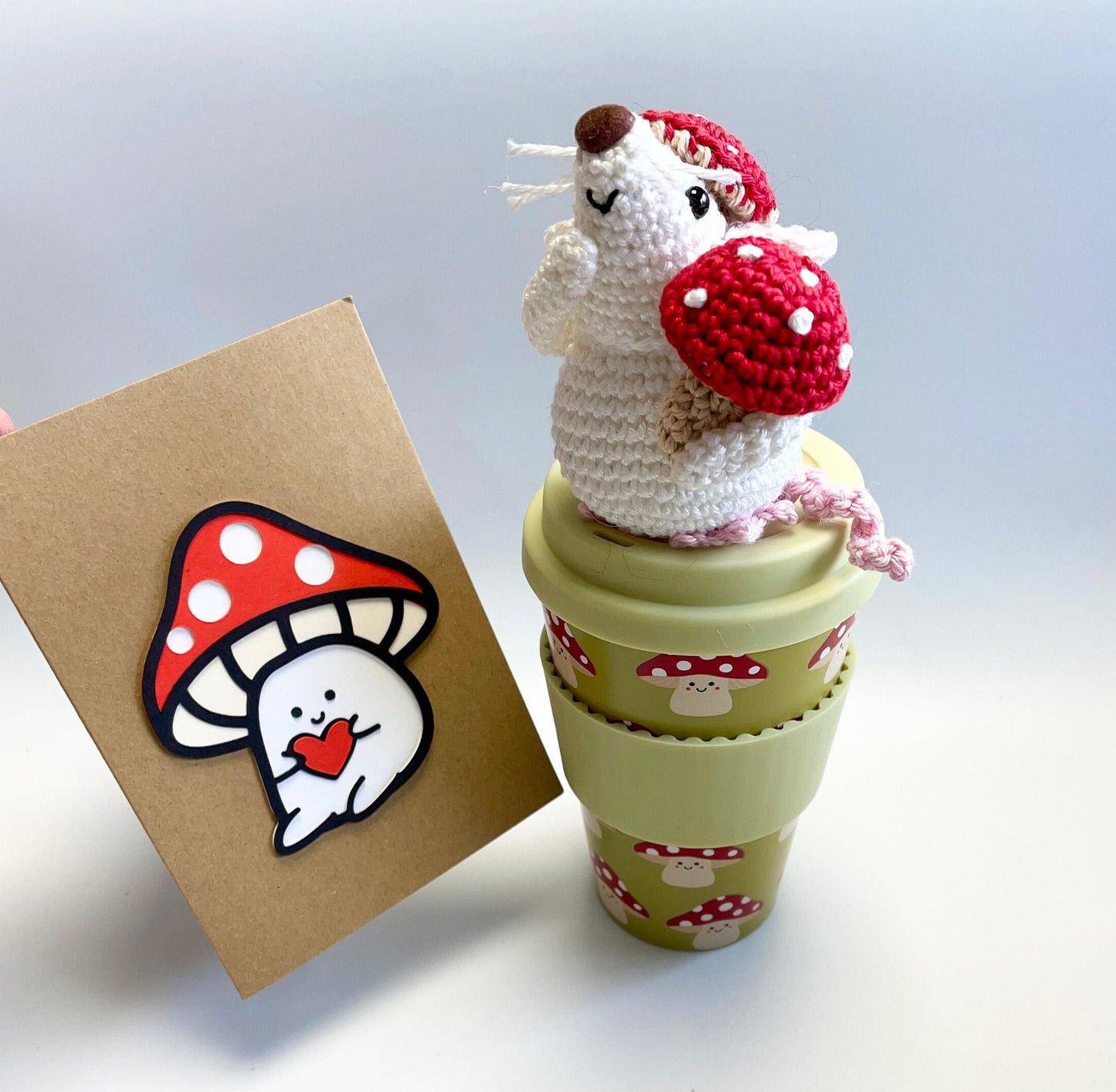 Mushroom Gift Set! Mouse and Mushrooms Amigurumi Kit, Sass & Belle Mushroom Travel Mug plus a Handmade Mushroom Card.