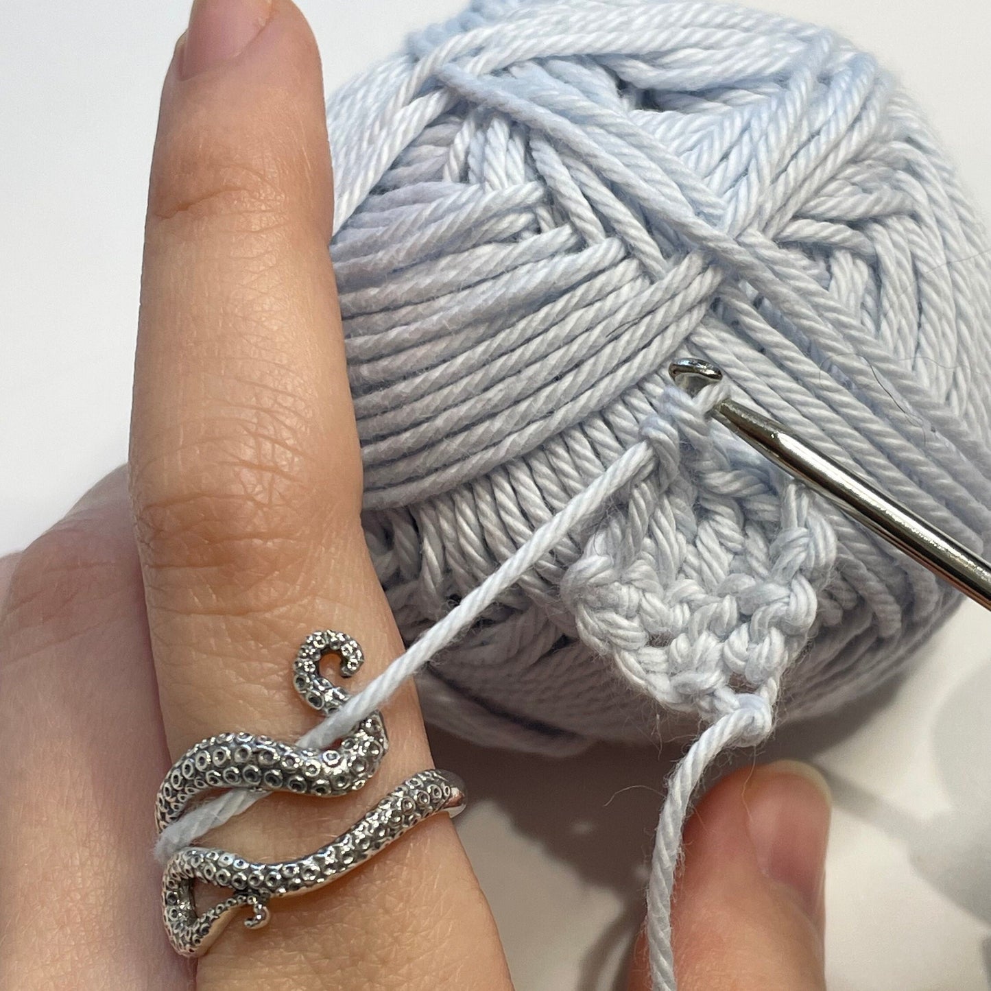 Handmade 'Octopus' Sterling Silver Crochet Ring. Adjustable for crochet tension and comfort. Handmade Sterling Silver for Nautilus Crochet