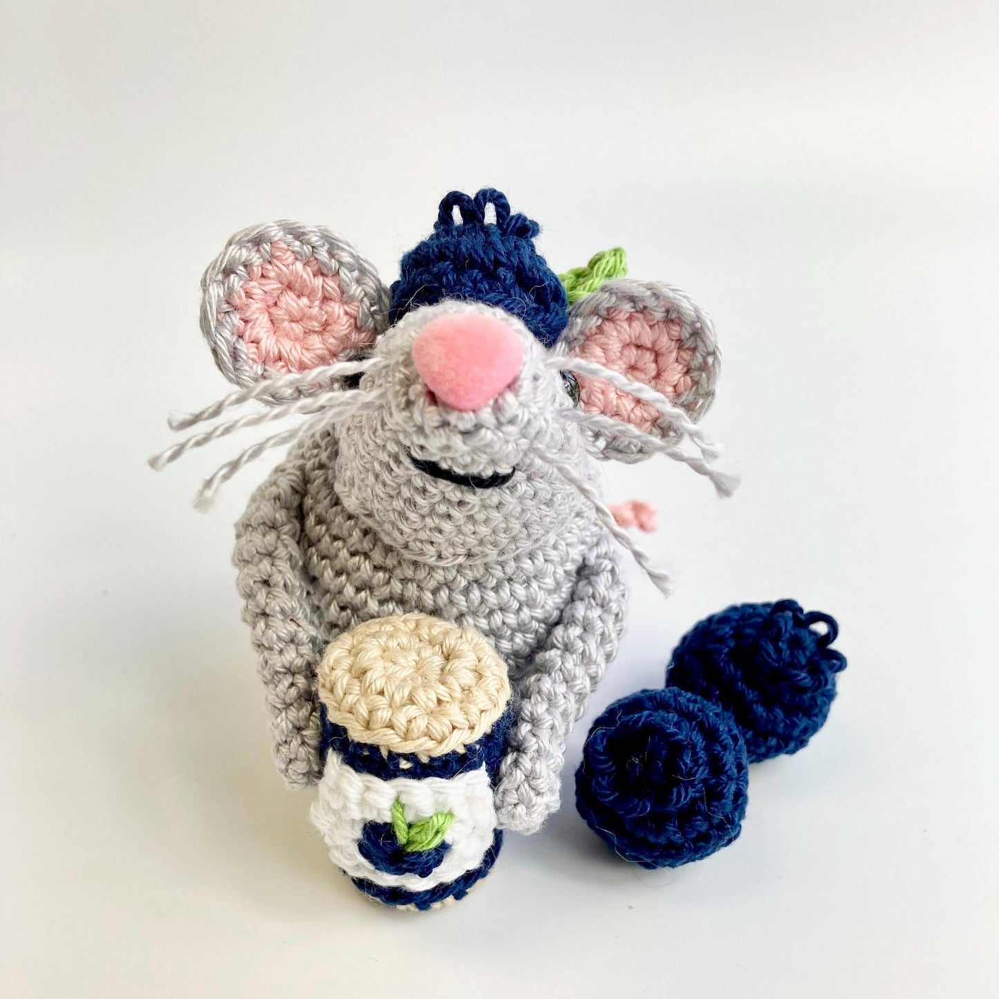 Bill, the Blueberry Mouse! Complete Amigurumi Crochet Kit with luxury natural yarn for beginners up. Featuring luxury British yarns.