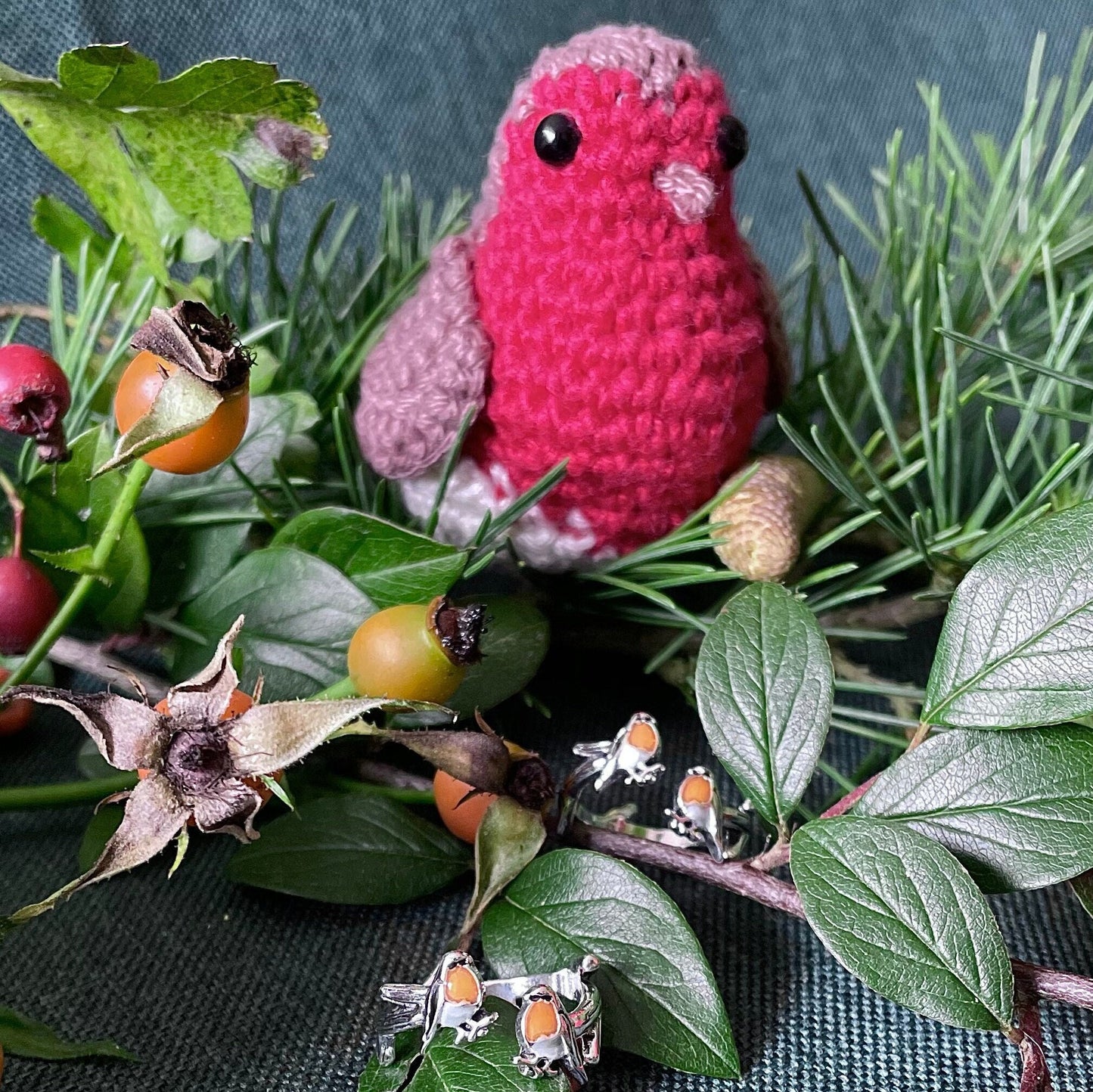 Robin Crochet Ring. This adorable ring features 2 robins perched on a gnarled branch. Silver plated & Size Adjustable. For Crochet Tension.