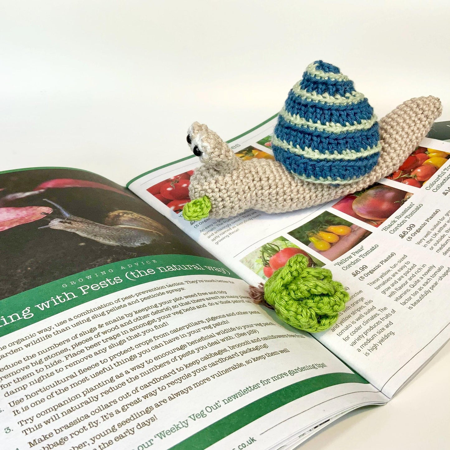 Snail’s Salad! Snail & Salad Complete Crochet Kit. Luxury British yarns, step by step instructions, cute snail stitch marker.