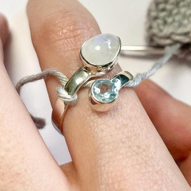 Handmade Blue Topaz and Moonstone Sterling Silver Crochet Ring. Adjustable for crochet tension and comfort. Handmade for Nautilus Crochet.