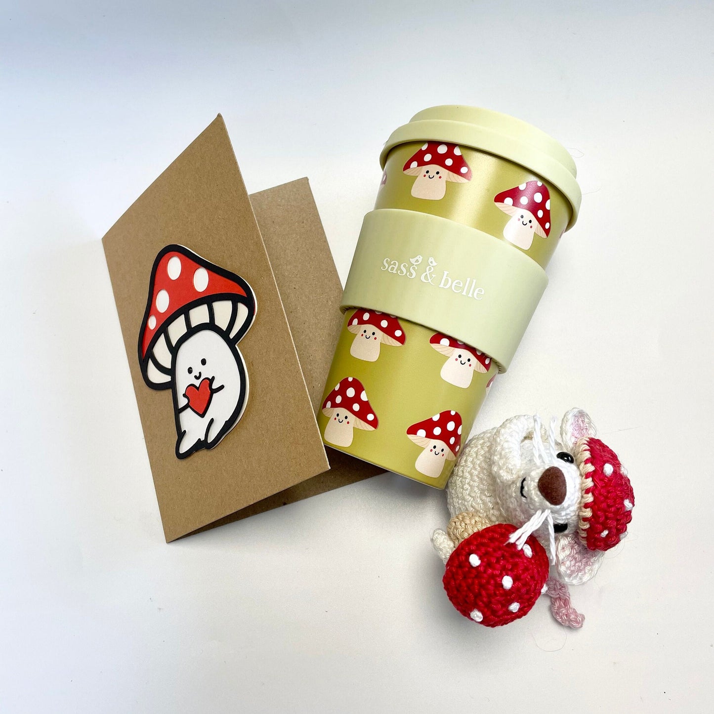 Mushroom Gift Set! Mouse and Mushrooms Amigurumi Kit, Sass & Belle Mushroom Travel Mug plus a Handmade Mushroom Card.