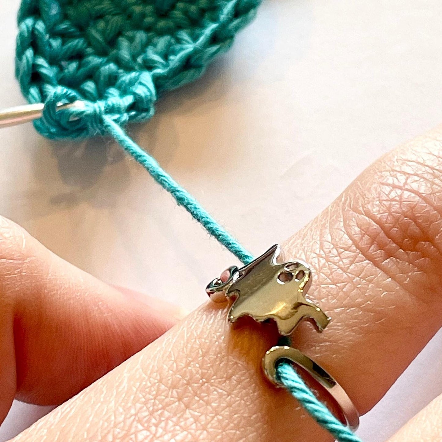 Tiny floating Ghost Silver Plated Crochet Ring. Adjustable size for crochet tension and comfort.