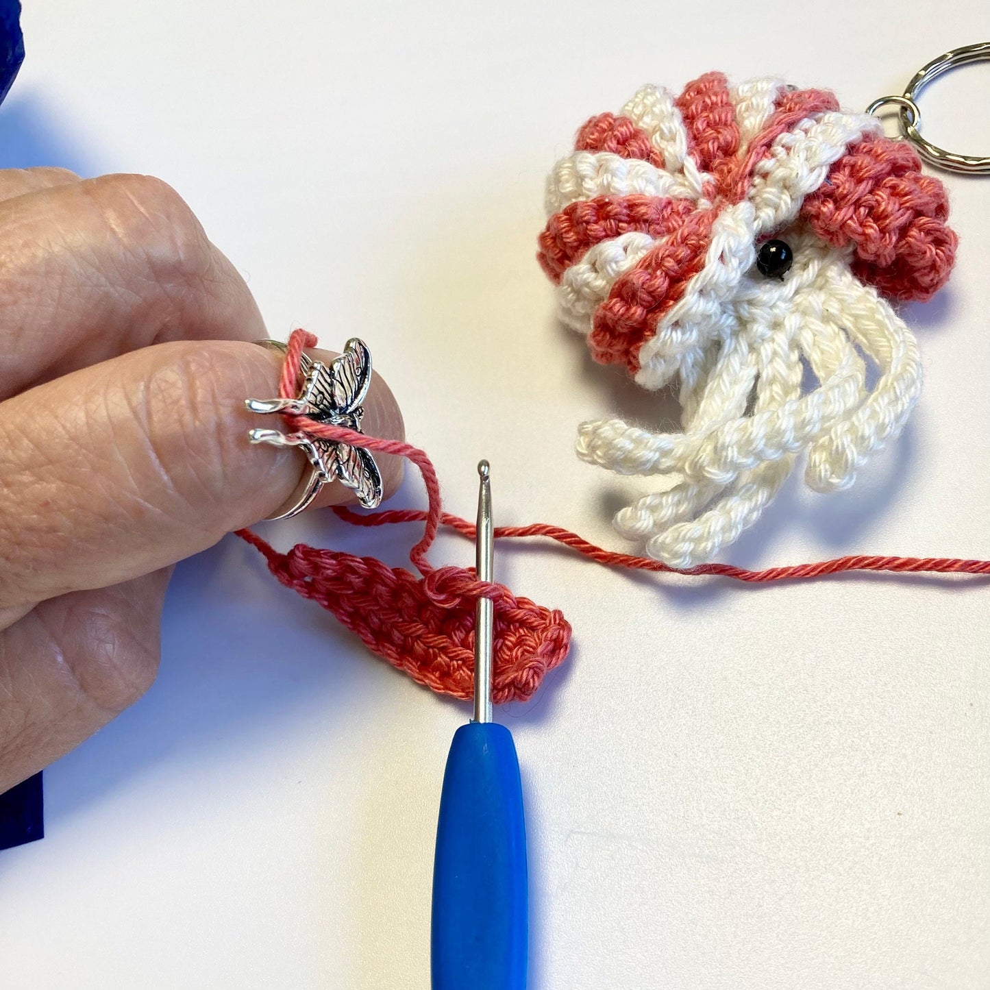 Luna Moth Crochet Ring. This gorgeous furry moth features in this one size crochet ring, for tension and comfort.