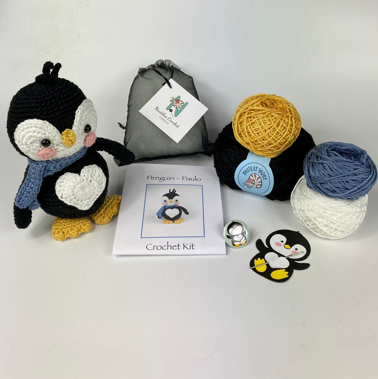 Penguin Paulo Crochet Kit. Full kit - luxury British yarn, step by step instructions, a penguin stitch marker, button badge & accessories.
