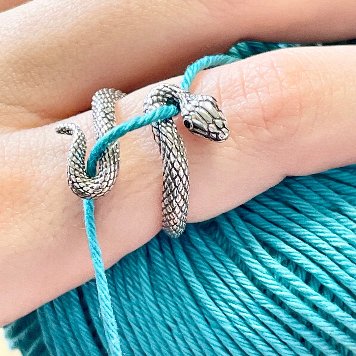 Snake Crochet Ring. Sterling Silver adjustable size snake ring. Tension & comfort ring for right and left handed crocheters. Medusa Ring.