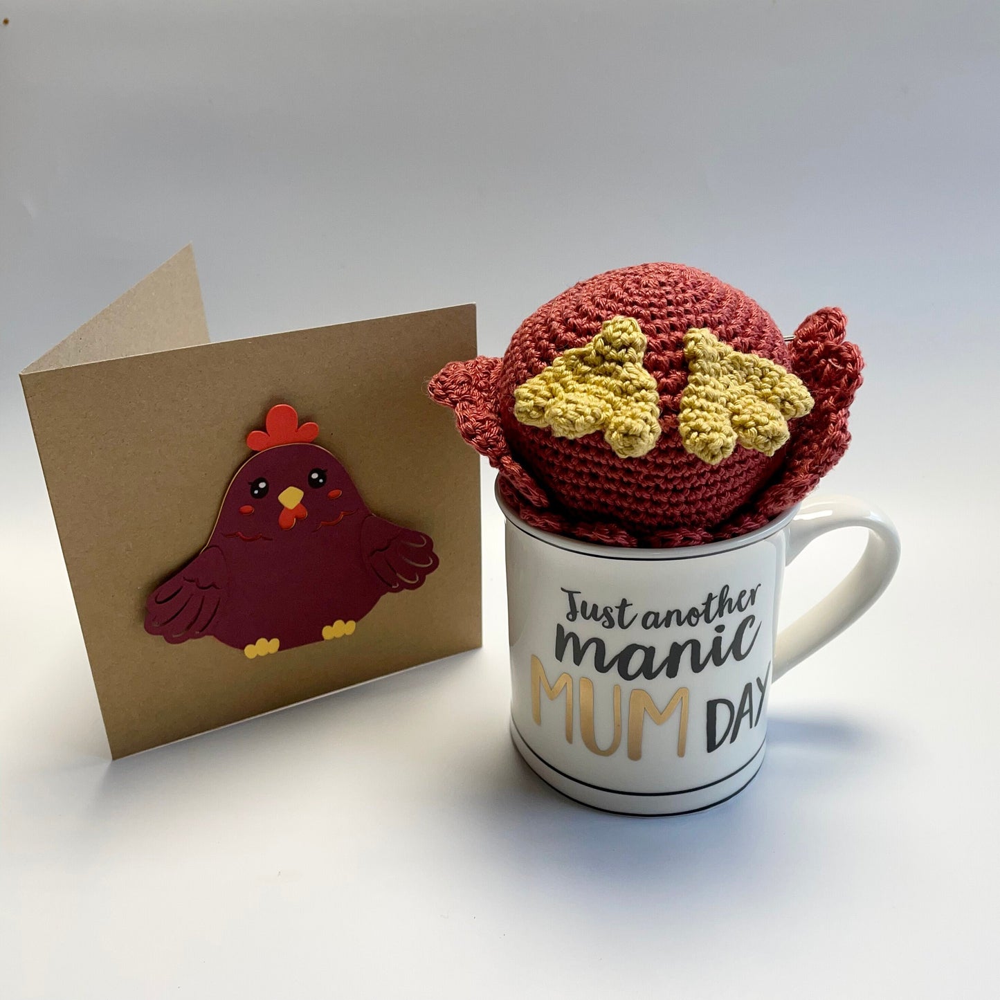 Whimsical Mother Hen Amigurumi Crochet Kit, Sass & Belle Manic Mum Day China Mug plus Handmade Card. Perfect for Gifting!