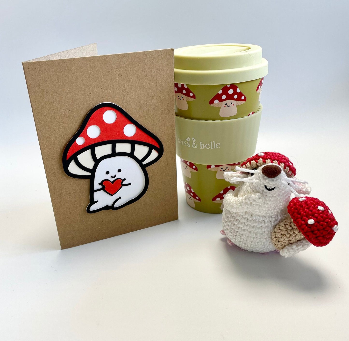 Mushroom Gift Set! Mouse and Mushrooms Amigurumi Kit, Sass & Belle Mushroom Travel Mug plus a Handmade Mushroom Card.