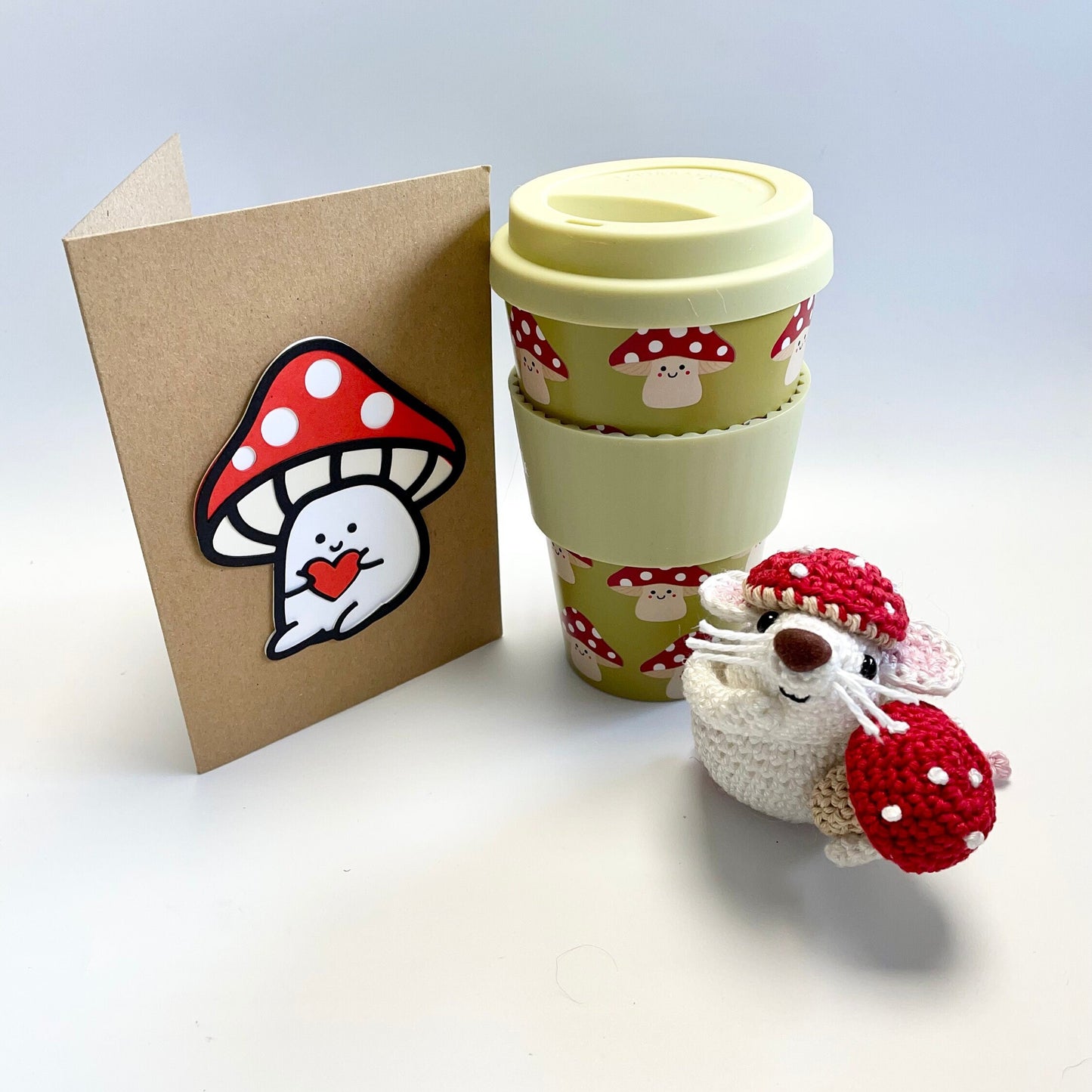 Mushroom Gift Set! Mouse and Mushrooms Amigurumi Kit, Sass & Belle Mushroom Travel Mug plus a Handmade Mushroom Card.