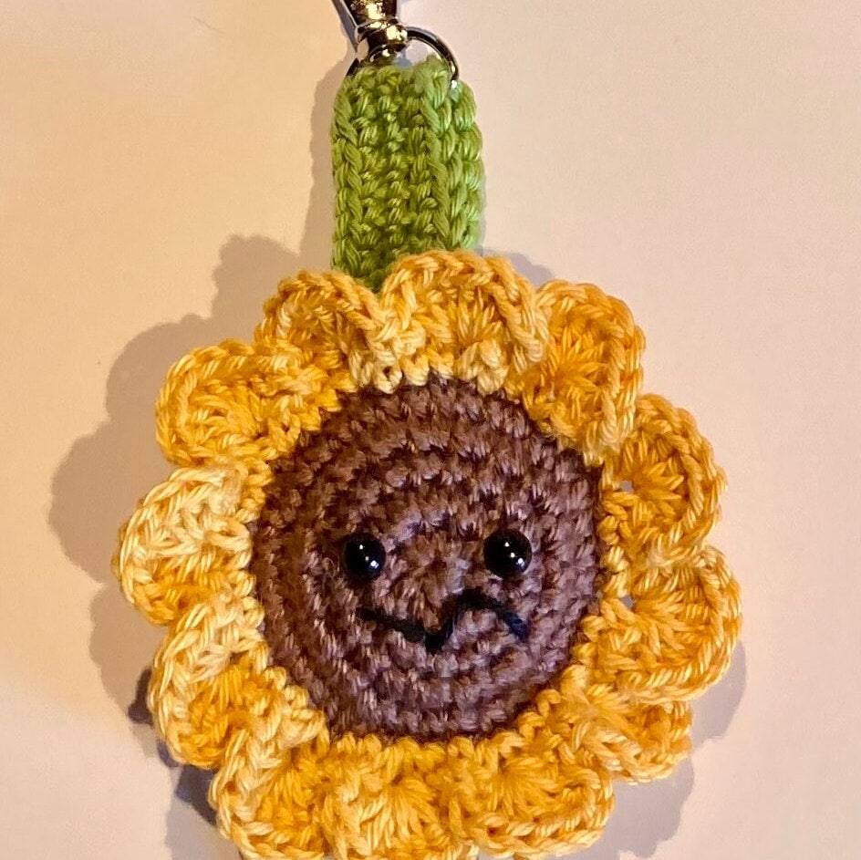 Sunflower Amigurumi Keyring / Bag Charm Kit. A complete kit including luxury natural yarns, silver plated stitch marker & accessories.