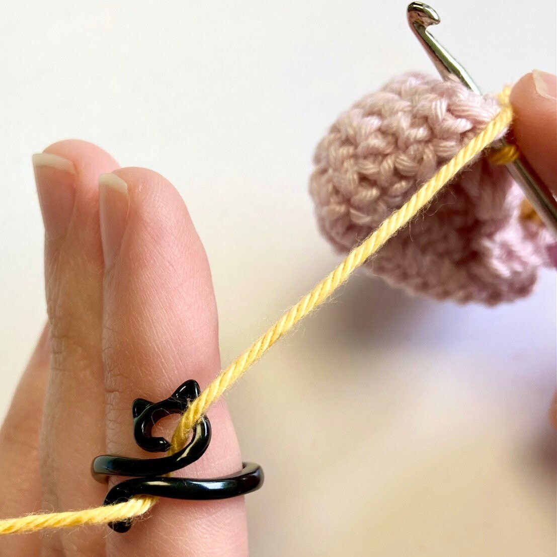 Black Cat Crochet Ring. The cutest little black metal, adjustable, cat ring for crochet tension and comfort.