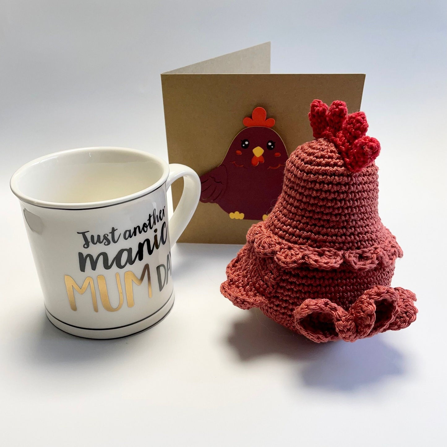 Whimsical Mother Hen Amigurumi Crochet Kit, Sass & Belle Manic Mum Day China Mug plus Handmade Card. Perfect for Gifting!