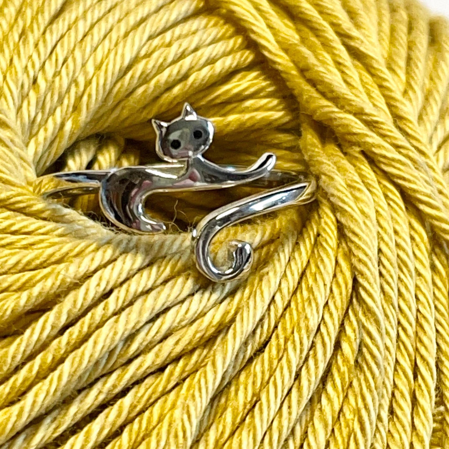 Bewitched Cat Sterling Silver Crochet Ring. Lovely delicate cat ring in cuff style. Adjustable size for crochet tension and comfort.