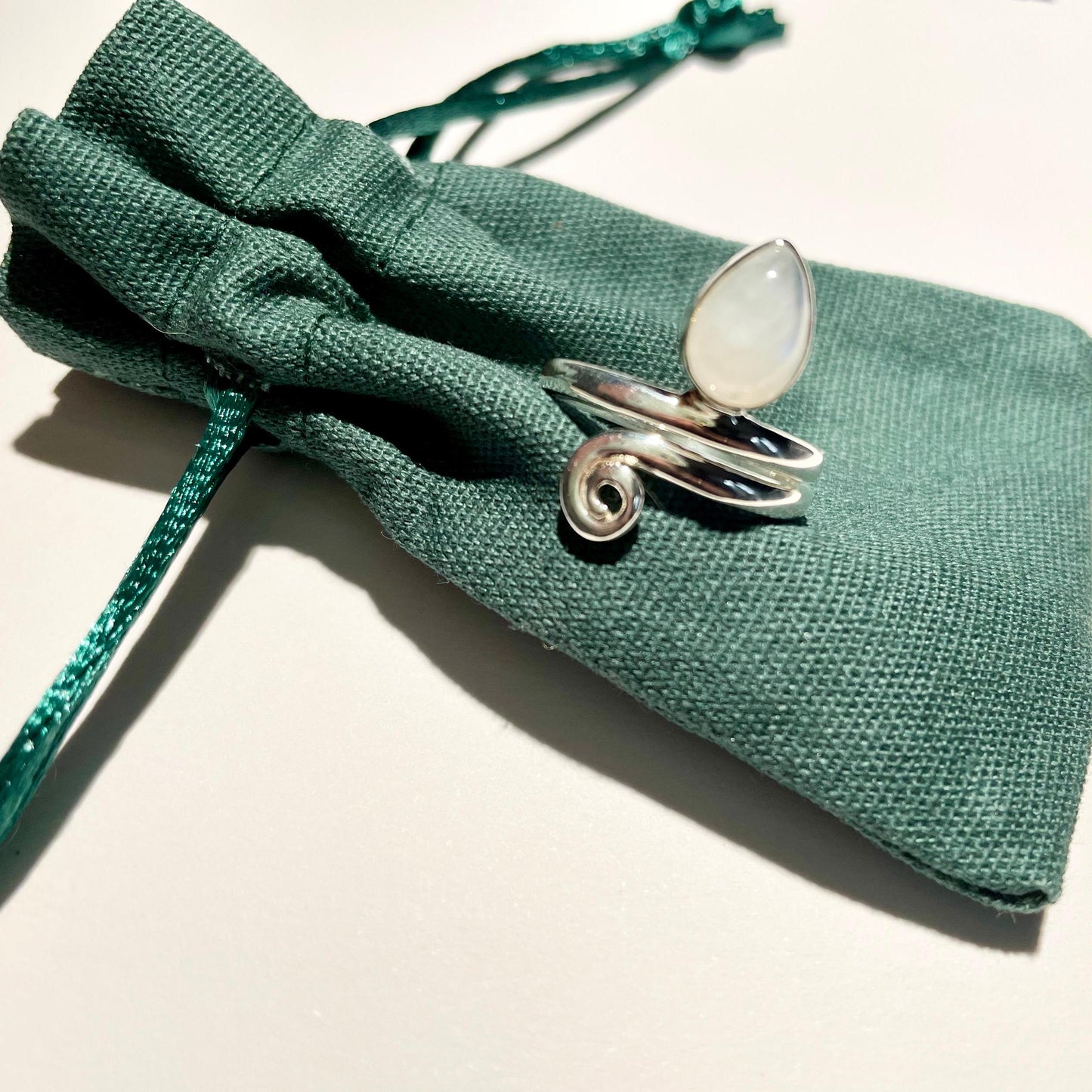 Handmade Teardrop Moonstone Sterling Silver Crochet Ring. Adjustable for crochet tension and comfort. Handmade for Nautilus Crochet.