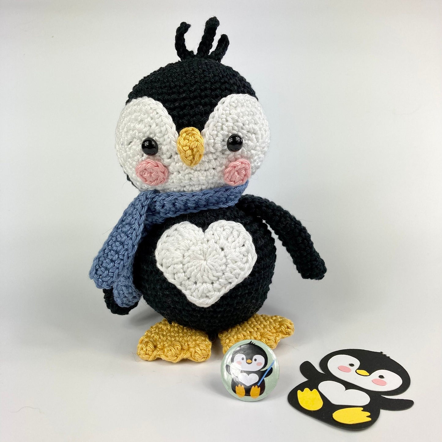 Penguin Paulo Crochet Kit. Full kit - luxury British yarn, step by step instructions, a penguin stitch marker, button badge & accessories.