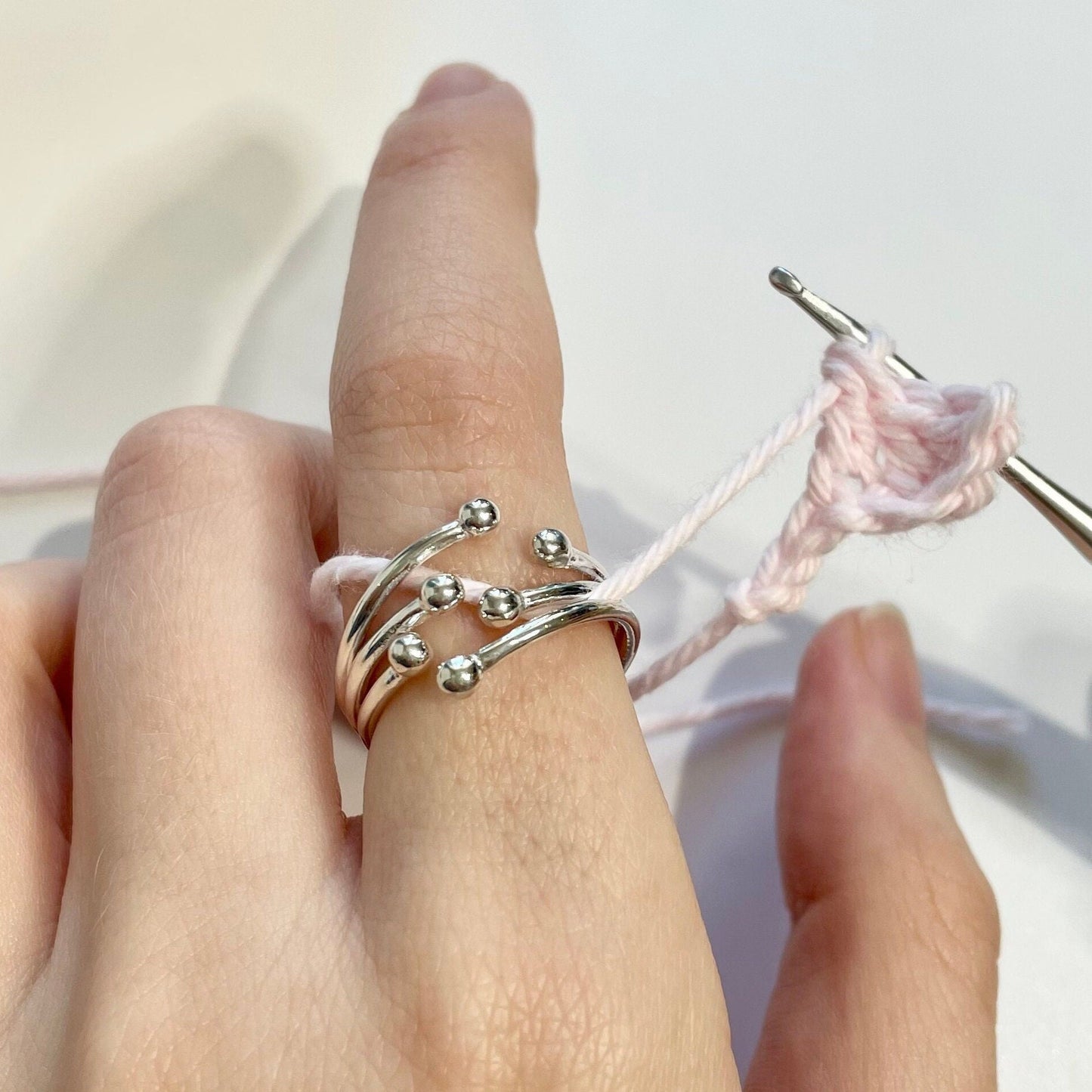 Celestial Orbs Handmade Sterling Silver Crochet Ring. Adjustable for crochet tension and comfort. Handmade Silver for Nautilus Crochet.