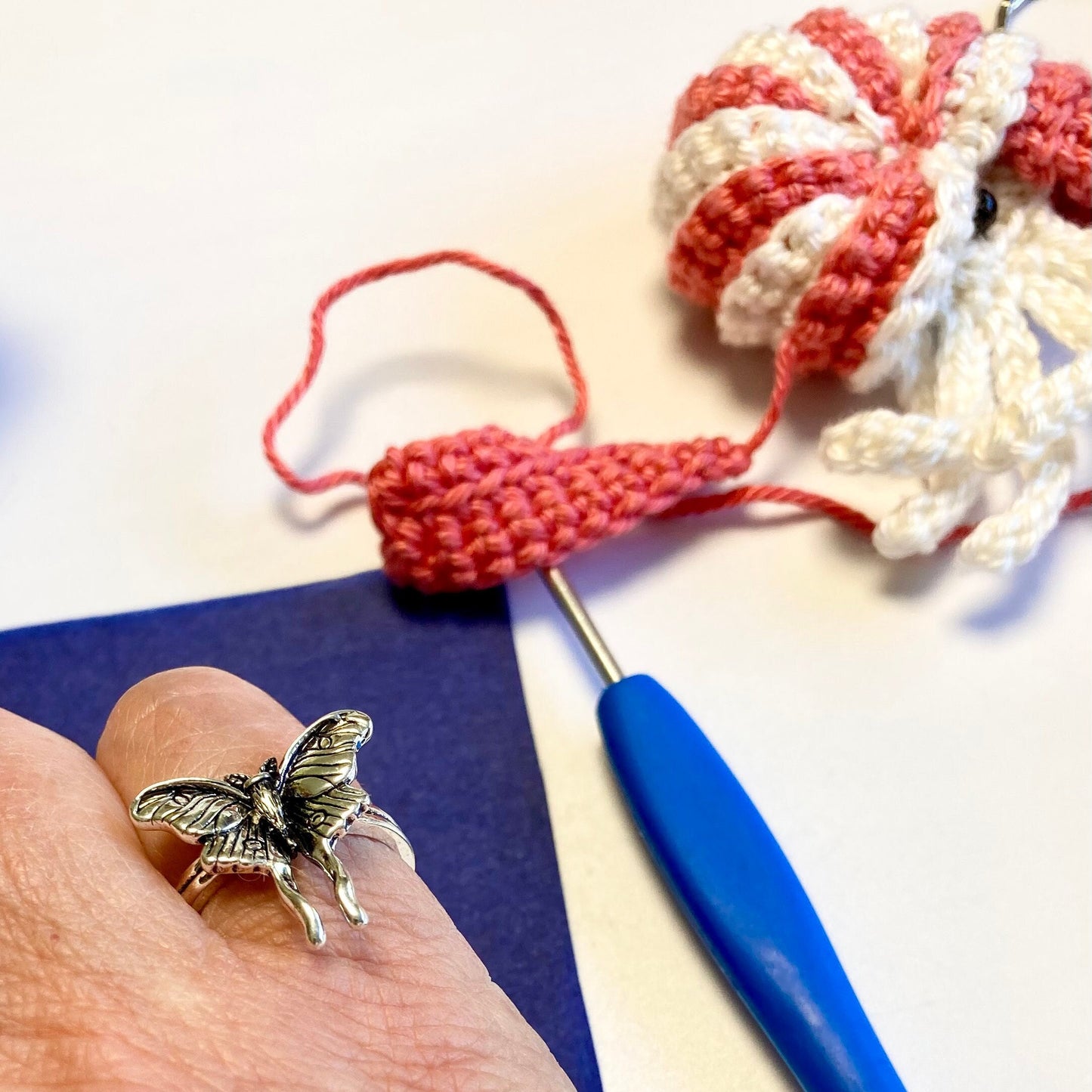 Luna Moth Crochet Ring. This gorgeous furry moth features in this one size crochet ring, for tension and comfort.