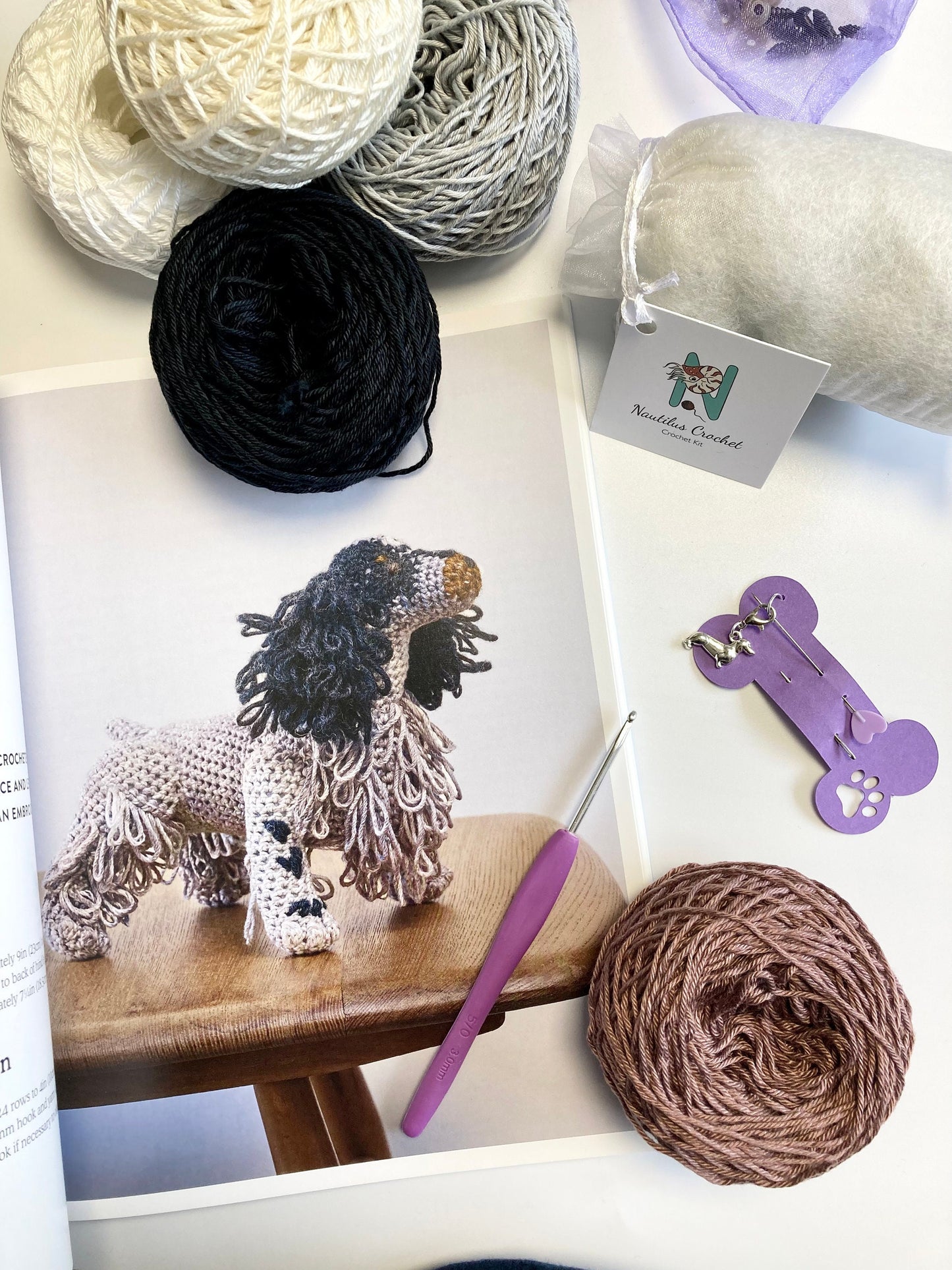 Dog Crochet Kit. Complete kit including Instruction Book of 10 Dog Breed Designs, Our Cotton Yarn, Crochet Hook & Dachshund Stitch Marker .