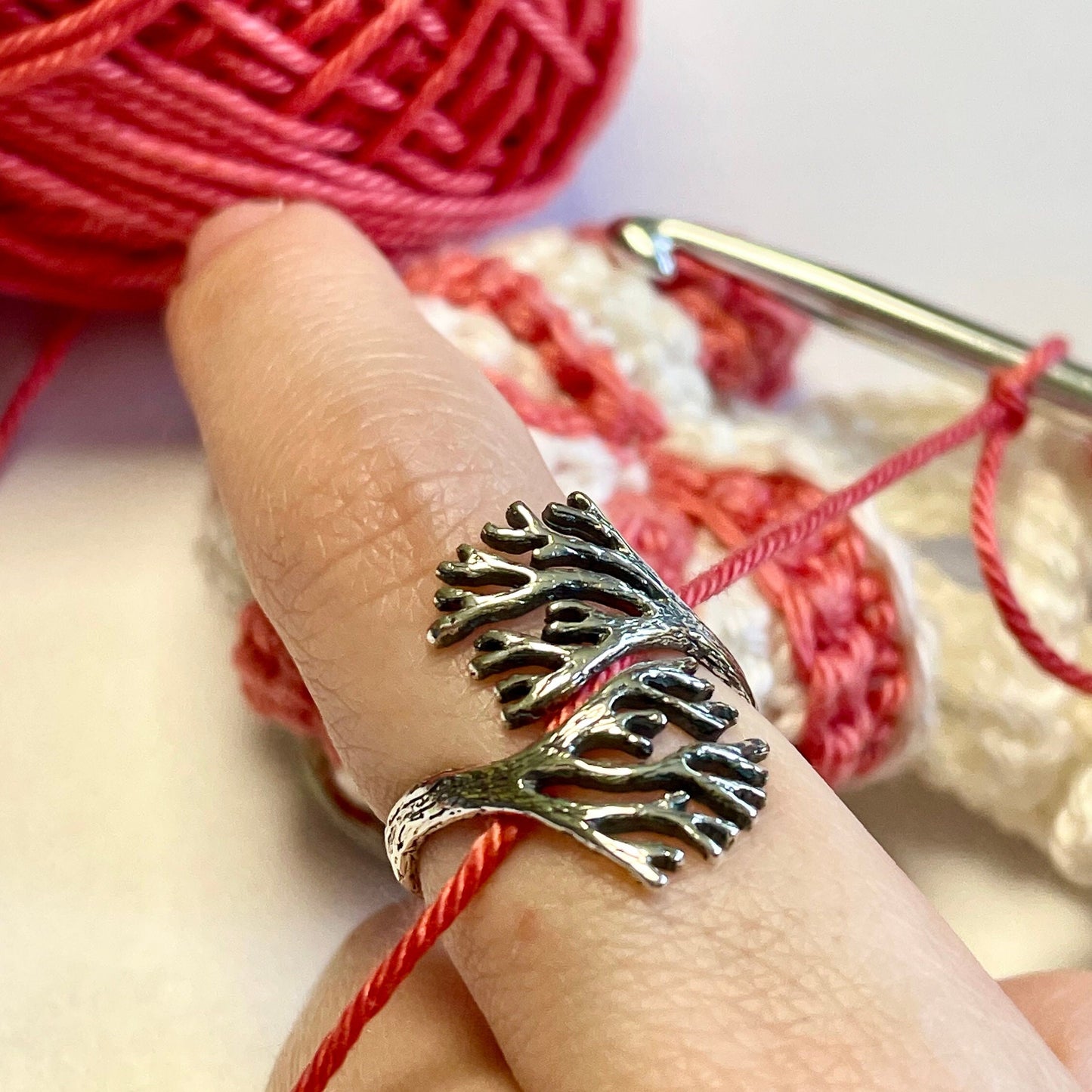 Coral Sterling Silver Crochet Ring. Adjustable for crochet tension and comfort. Handmade in Recycled Silver.