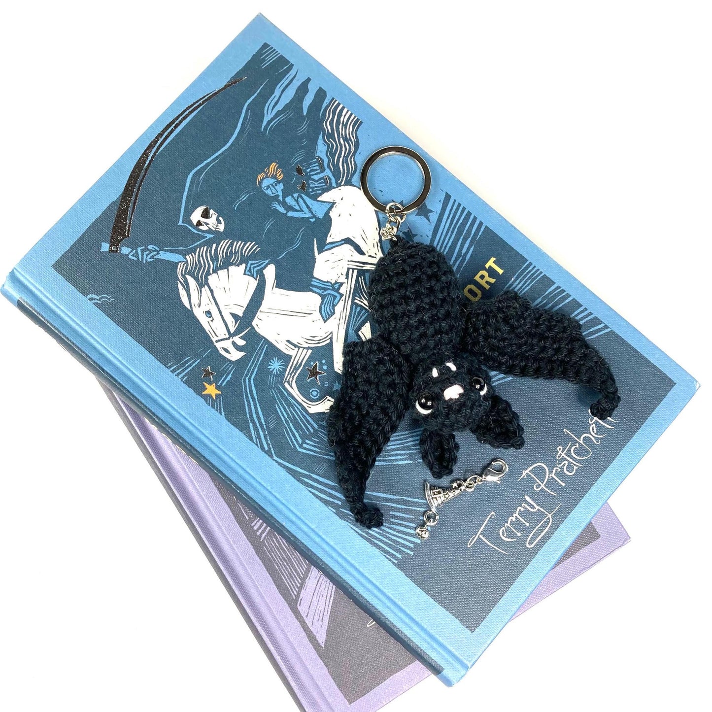 Bat Keyring Crochet Kit. A Complete kit with step by step instructions, luxury yarn & silver stitch marker all in a black velvet bag.
