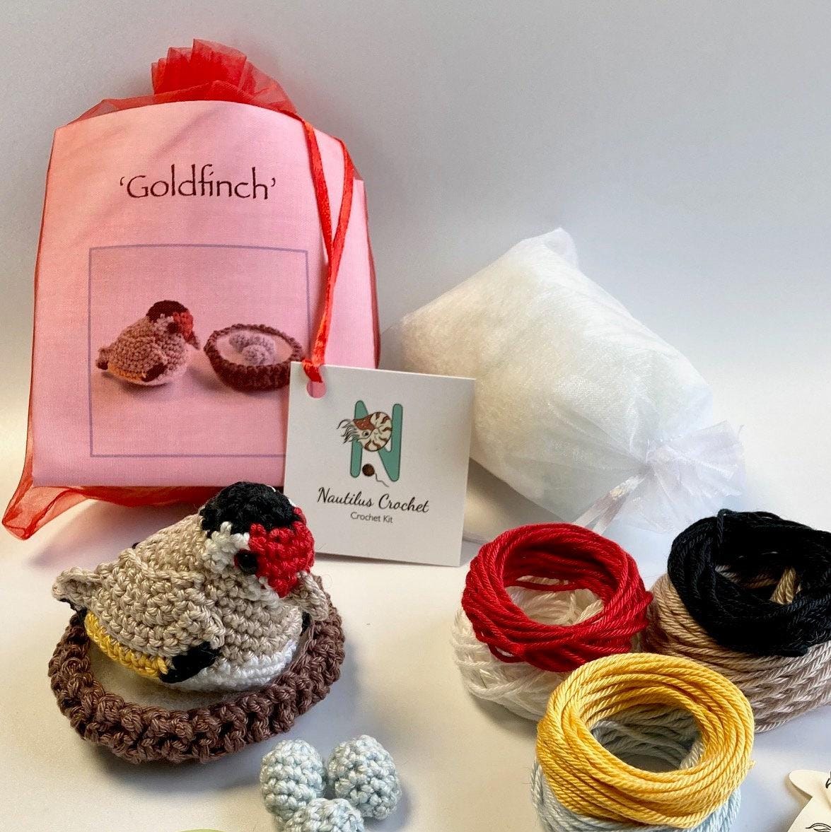 Goldfinch & Nest Crochet Kit. A Complete Kit with step by step instructions. Featuring Luxury British Yarns and a sweet bird Stitch Marker.