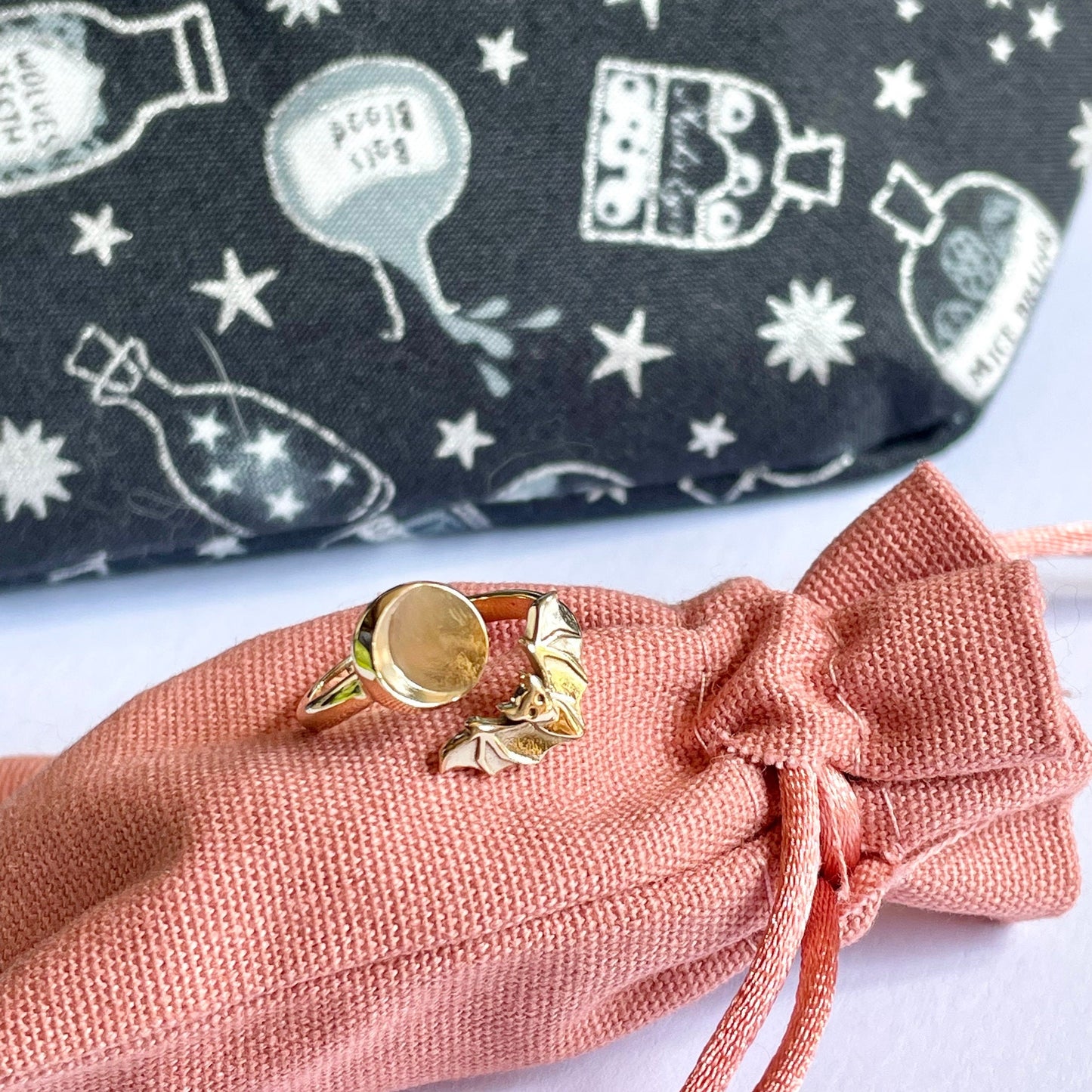 Bat & Moon Recycled Bronze Crochet Ring. Adjustable for crochet tension and comfort.