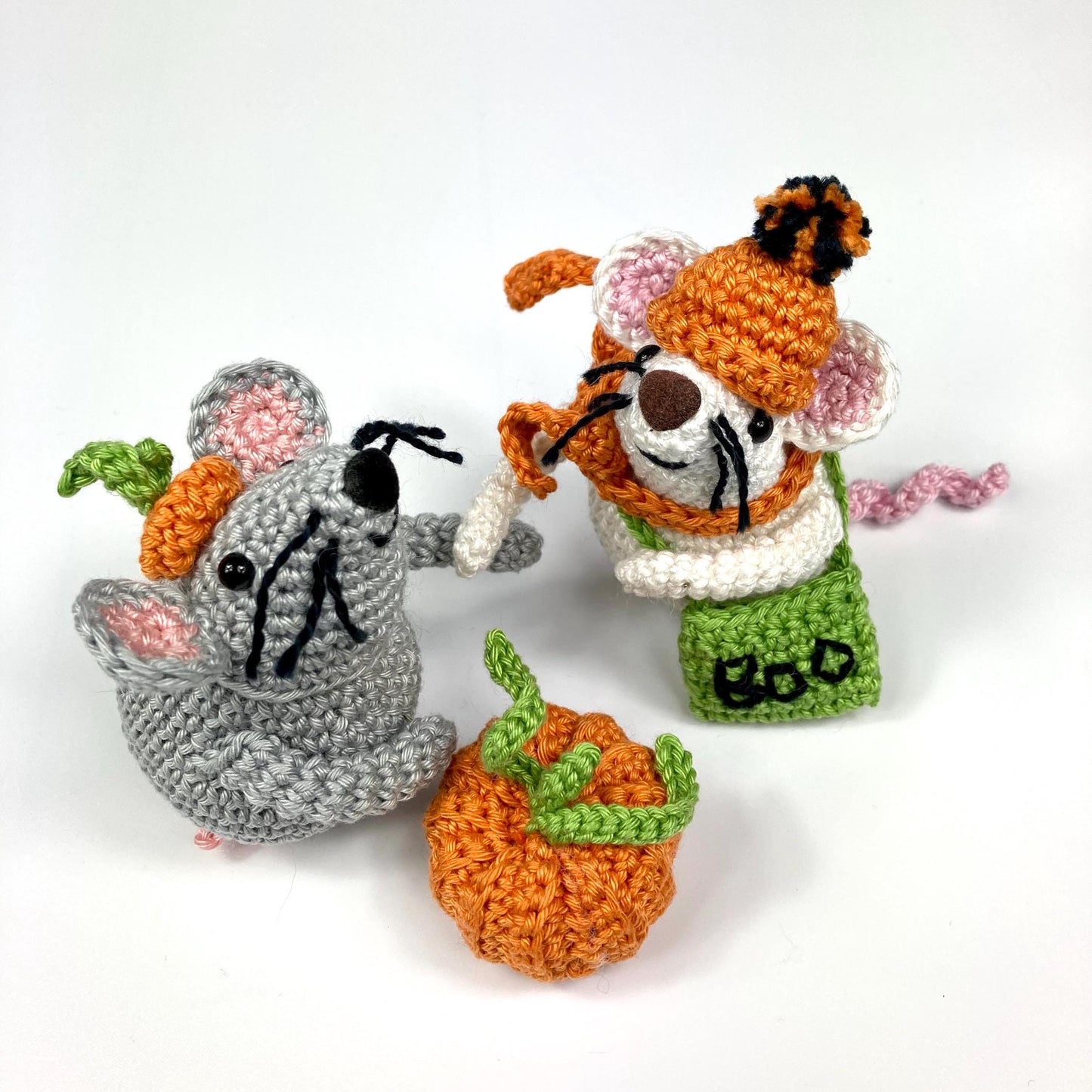 Halloween Trick or Treat Mouse Crochet Kit. Meet 'Boo'! Complete Kit with luxury natural yarns, cute pumpkin stitch marker, accessories.