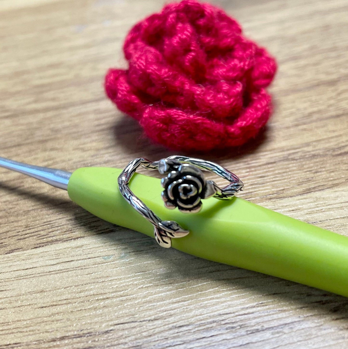 Briar Rose Silver Plated Crochet Ring. Adjustable size for crochet tension and comfort.