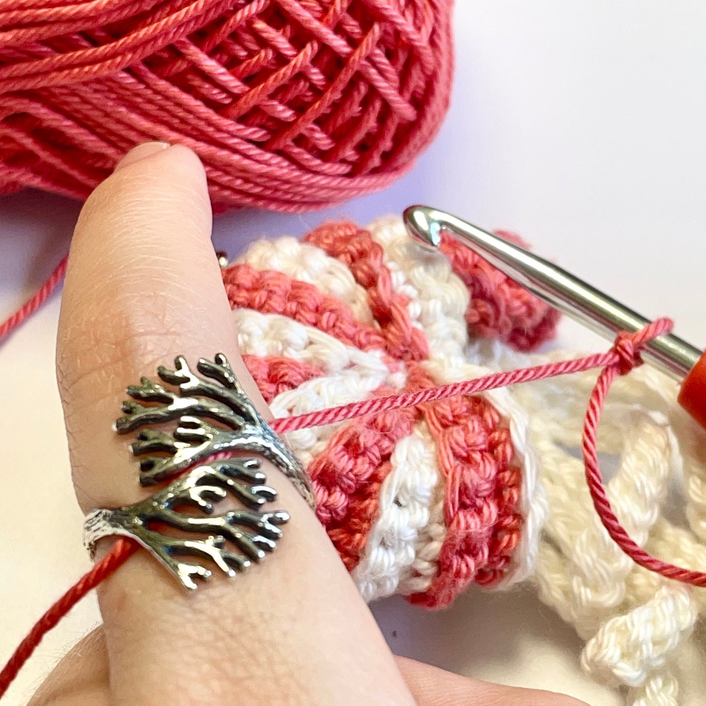 Coral Sterling Silver Crochet Ring. Adjustable for crochet tension and comfort. Handmade in Recycled Silver.