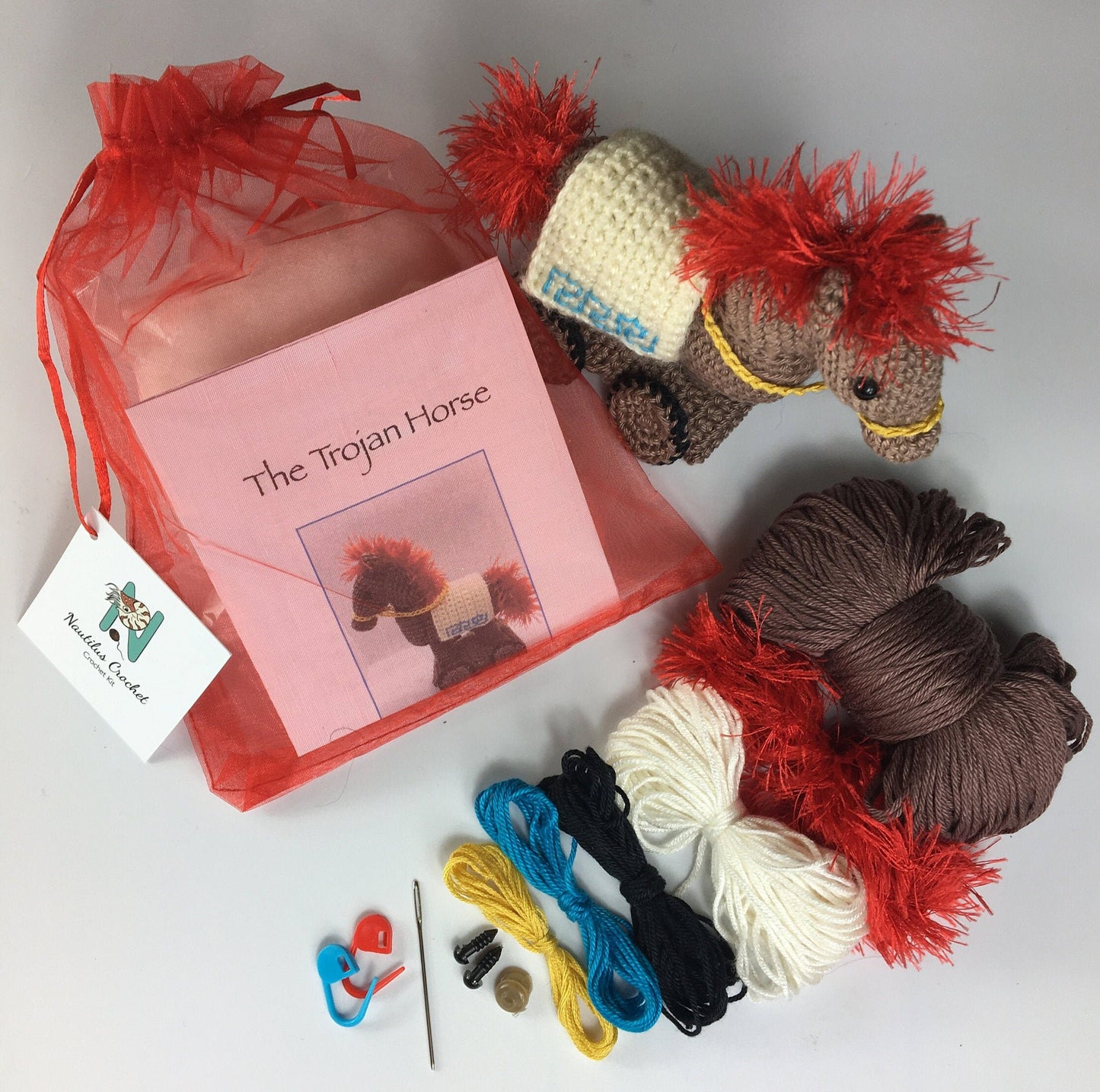 Trojan Horse Amigurumi Crochet Kit. Cutest little Greek horse to crochet with luxury yarns. Perfect for gifting!