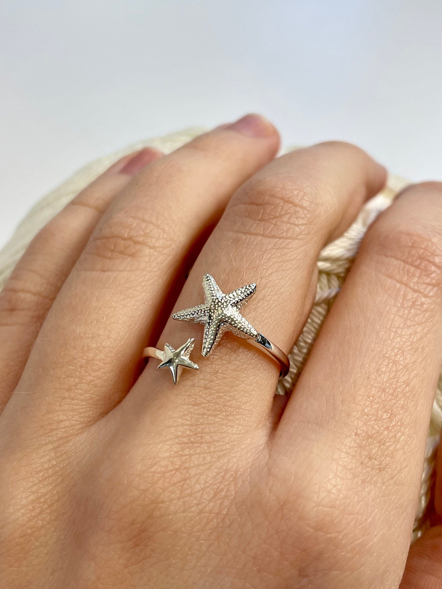 Handmade 'Starfish' Sterling Silver Crochet Ring. Adjustable for crochet tension and comfort. Handmade in Silver for Nautilus Crochet.