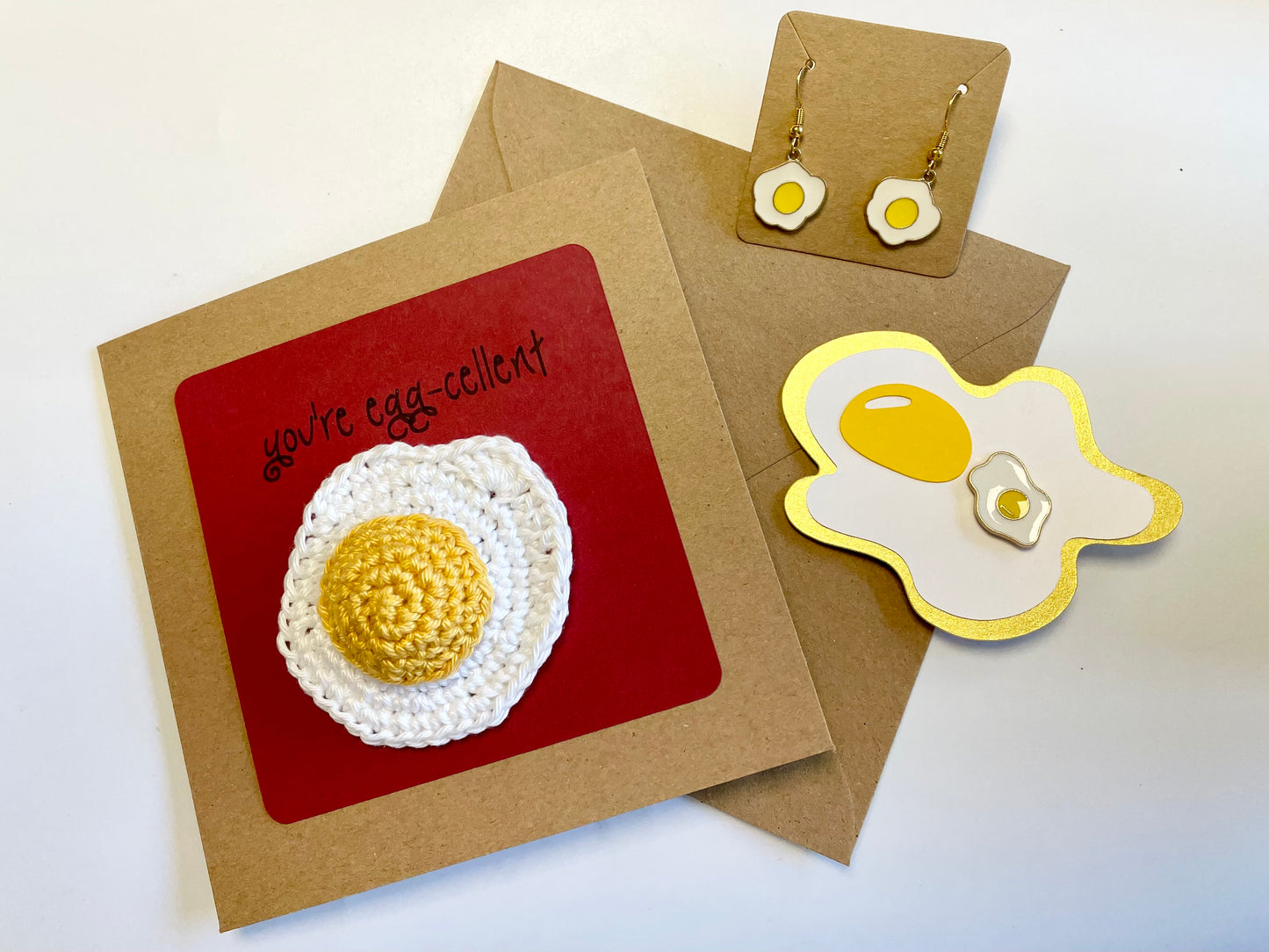 Egg Lovers Gift! You're egg-cellent hand crocheted appreciation card, egg earrings & a pin badge mounted on an egg card. A great keepsake!