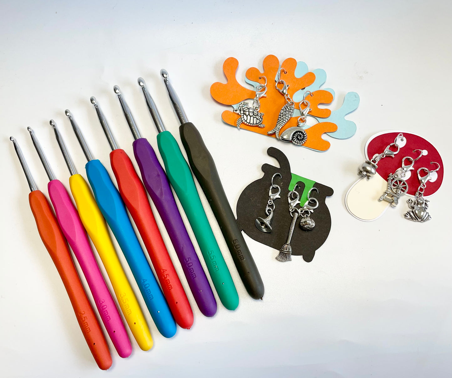 Crochet Case, Hooks & Accessories Set. A Telescopic Case, a Set of 8 Crochet Hooks plus a choice of Handmade, Themed Stitch Markers.