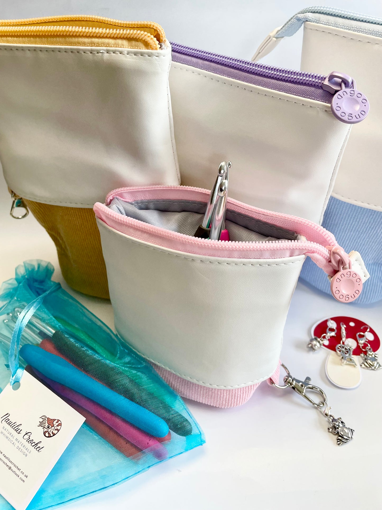 Crochet Case, Hooks & Accessories Set. A Telescopic Case, a Set of 8 Crochet Hooks plus a choice of Handmade, Themed Stitch Markers.