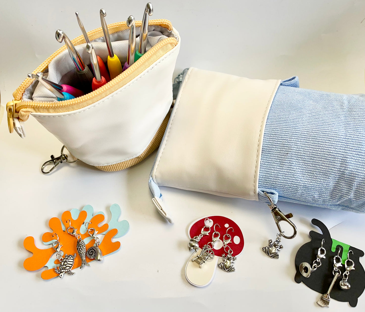Crochet Case, Hooks & Accessories Set. A Telescopic Case, a Set of 8 Crochet Hooks plus a choice of Handmade, Themed Stitch Markers.