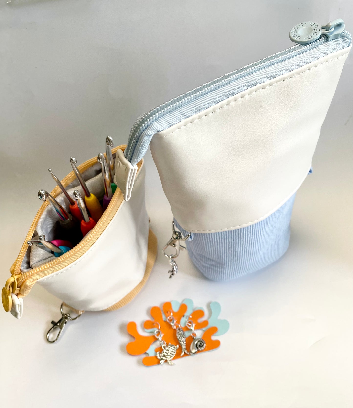 Crochet Case, Hooks & Accessories Set. A Telescopic Case, a Set of 8 Crochet Hooks plus a choice of Handmade, Themed Stitch Markers.