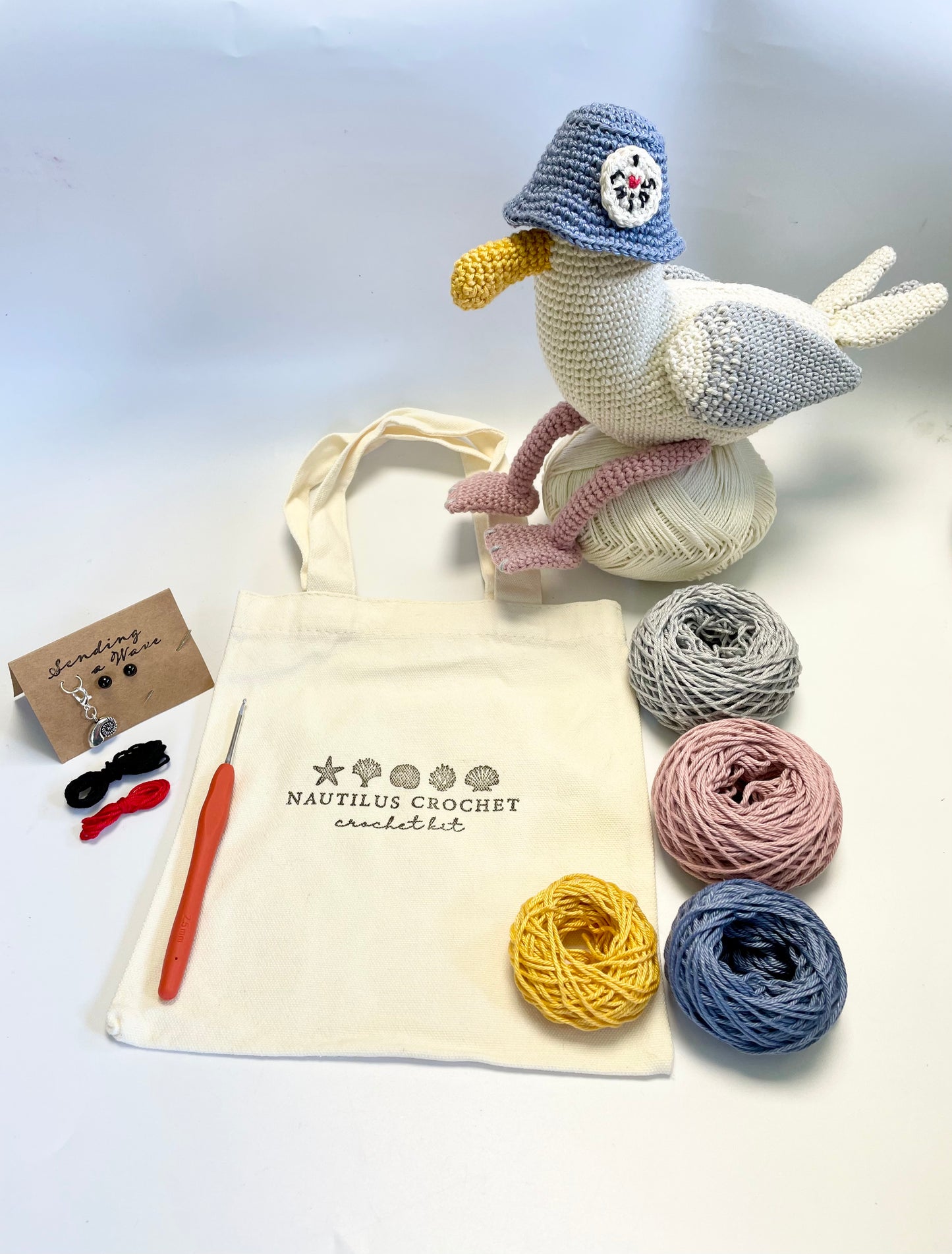 Cliff the Seagull. Complete Eco Crochet Kit. Luxury Yarns, Tote, Step by Step Instructions, Hook, Silver Stitch Marker & more!