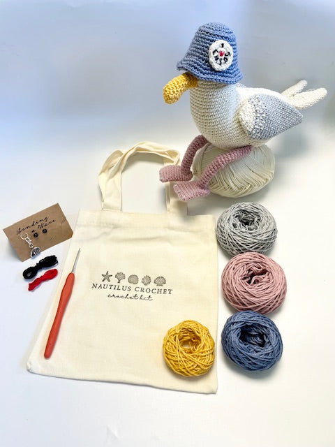 Cliff the Seagull. Complete Eco Crochet Kit. Luxury Yarns, Tote, Step by Step Instructions, Hook, Silver Stitch Marker & more!