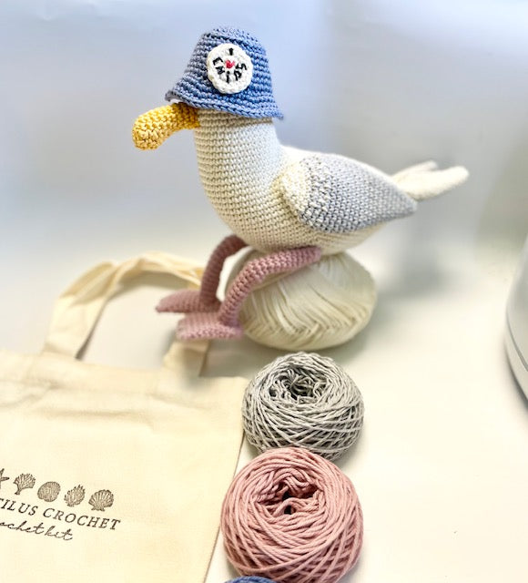Cliff the Seagull. Complete Eco Crochet Kit. Luxury Yarns, Tote, Step by Step Instructions, Hook, Silver Stitch Marker & more!